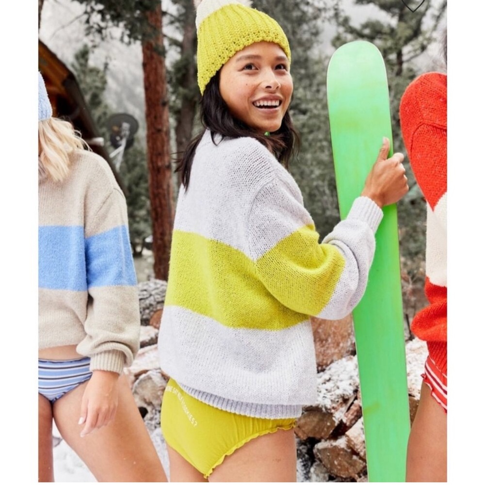AERIE Oh Snow Soft Sweater XS‎ Grey Yellow Stripe NEW Oversized Mockneck Cozy